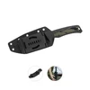 Coltello tattico verde oliva con fodero nero e clip da cintura versatile per attività all'aperto.