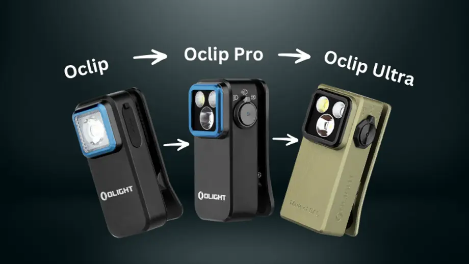 Olight Oclip series evolution: Oclip, Oclip Pro, Oclip Ultra clip-on flashlights.