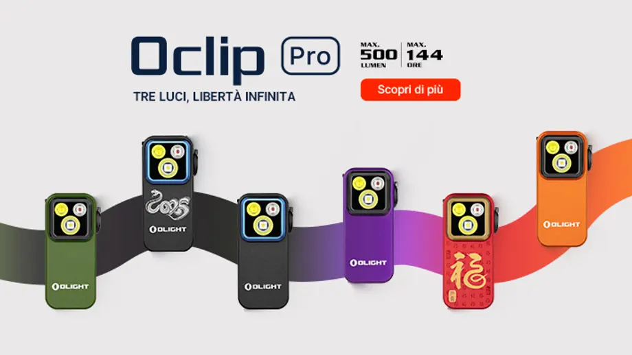 Torce Olight Oclip Pro in vari colori ed edizioni speciali, con massimo 500 lumen e 144 ore di autonomia.