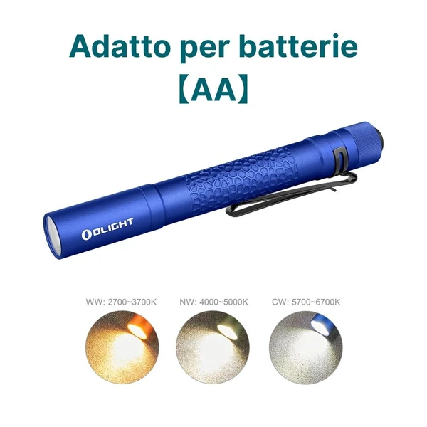 Torcia LED Olight blu compatta con clip, adatta per batterie AA, con 3 opzioni di temperatura colore.
